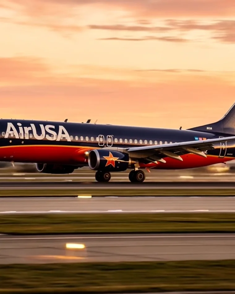 The AirUSA livery: navy fuselage, red belly stripe, orange star on the tail
