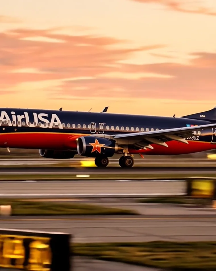 An AirUSA aircraft on the runway at sunset