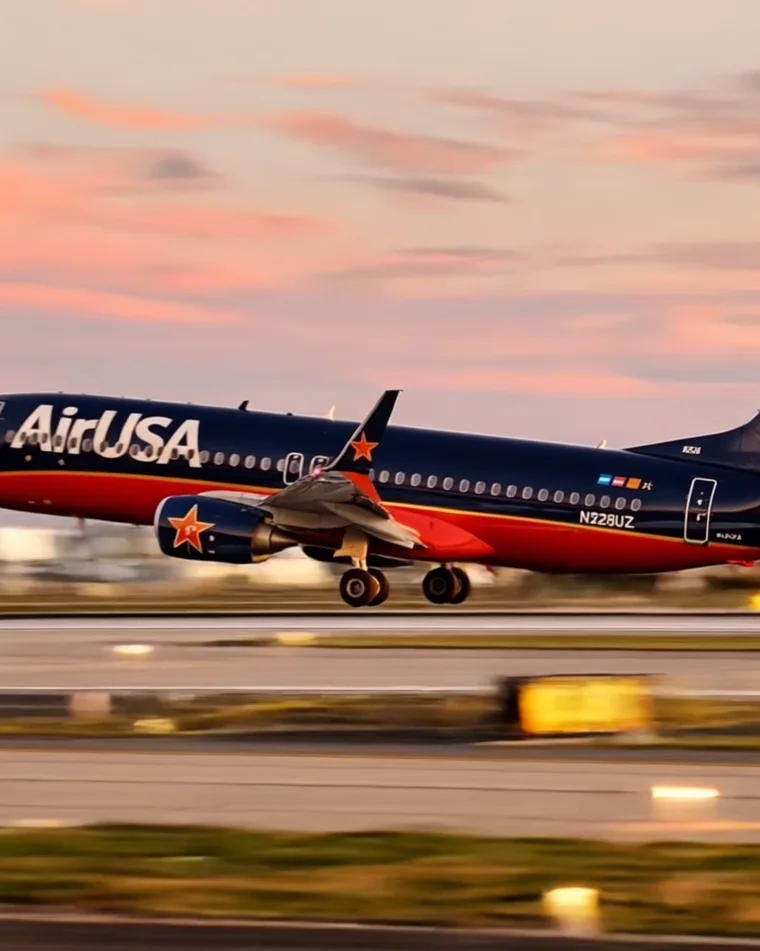 An AirUSA aircraft against a coloured sky