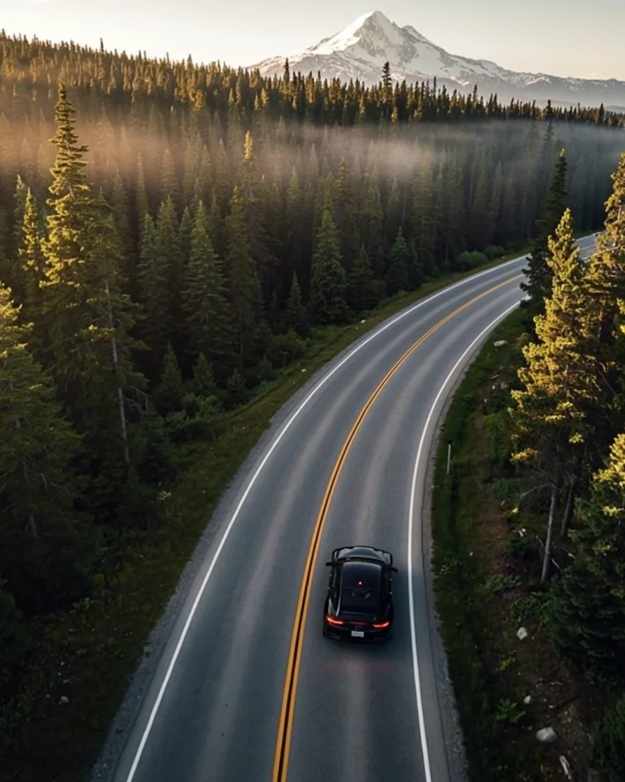 A car on a mountain road at golden hour, shot from the air
