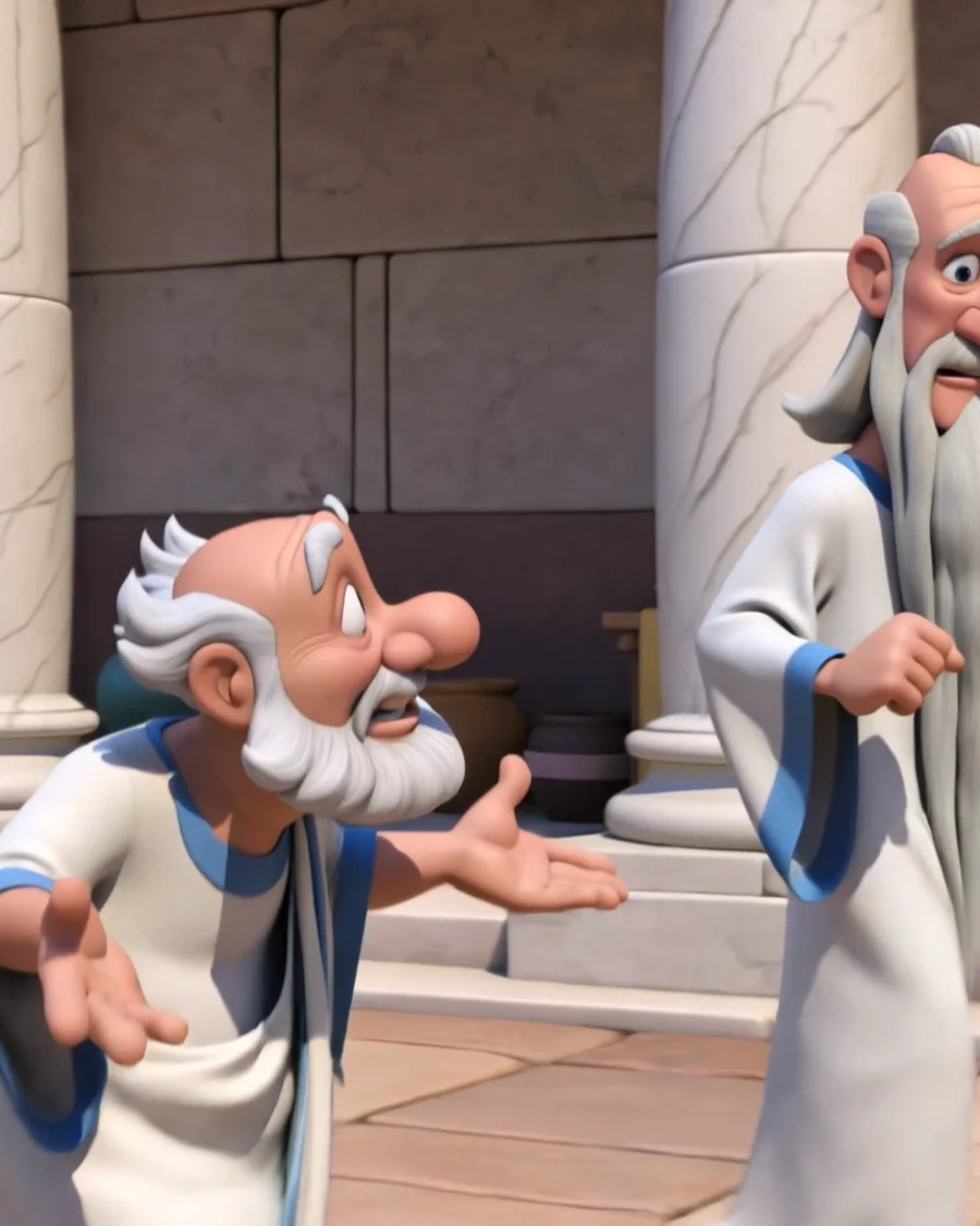 An animated scene in a classical marketplace